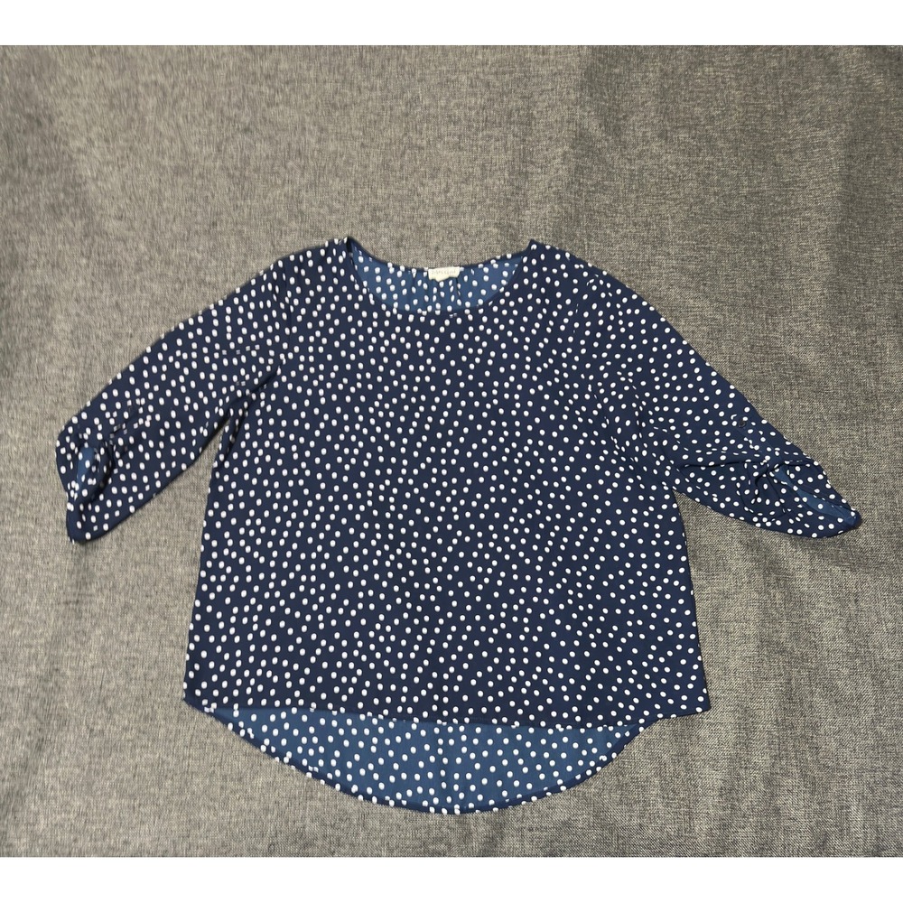 Messini Women's XL Blouse Navy Blue White Polka Dot High Low 3/4 Sleeve‎ Top